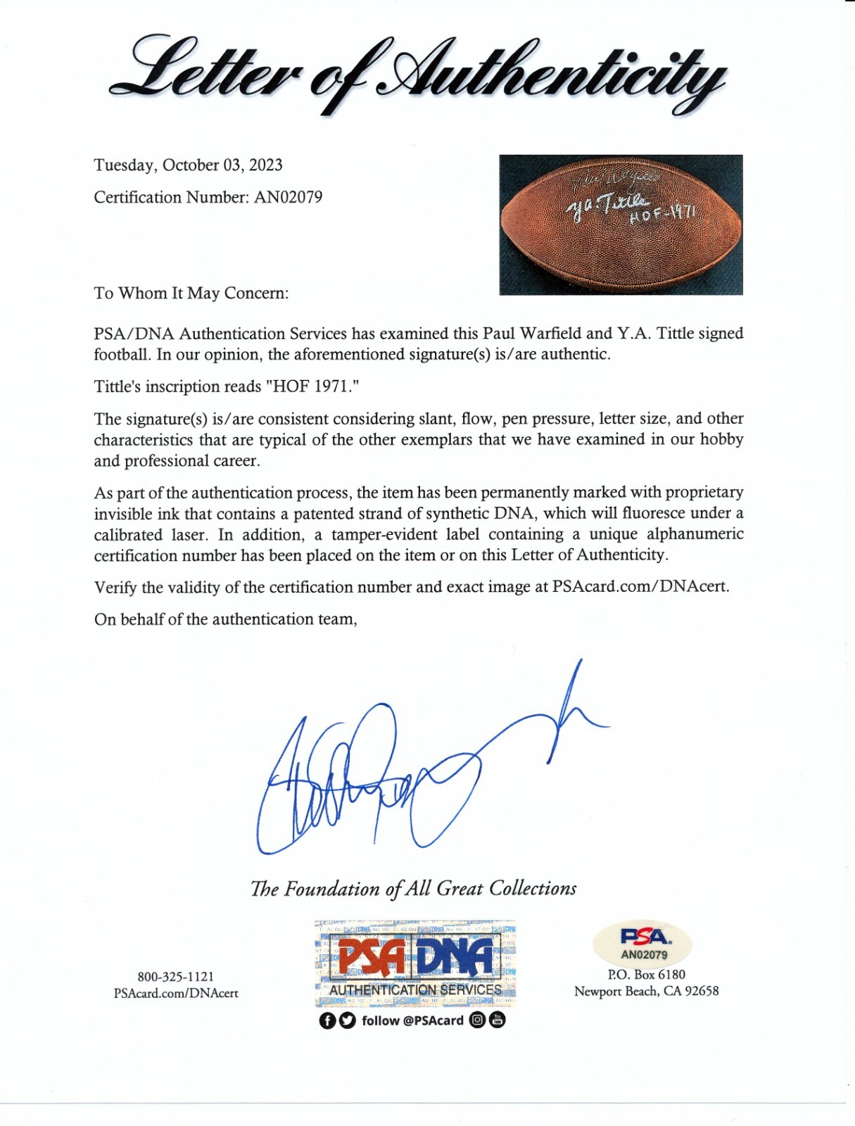 Y.A. TITTLE & PAUL WARFIELD DUAL WILSON NFL GENUINE FOOTBALL AUTOGRAPH PSA/DNA view 4