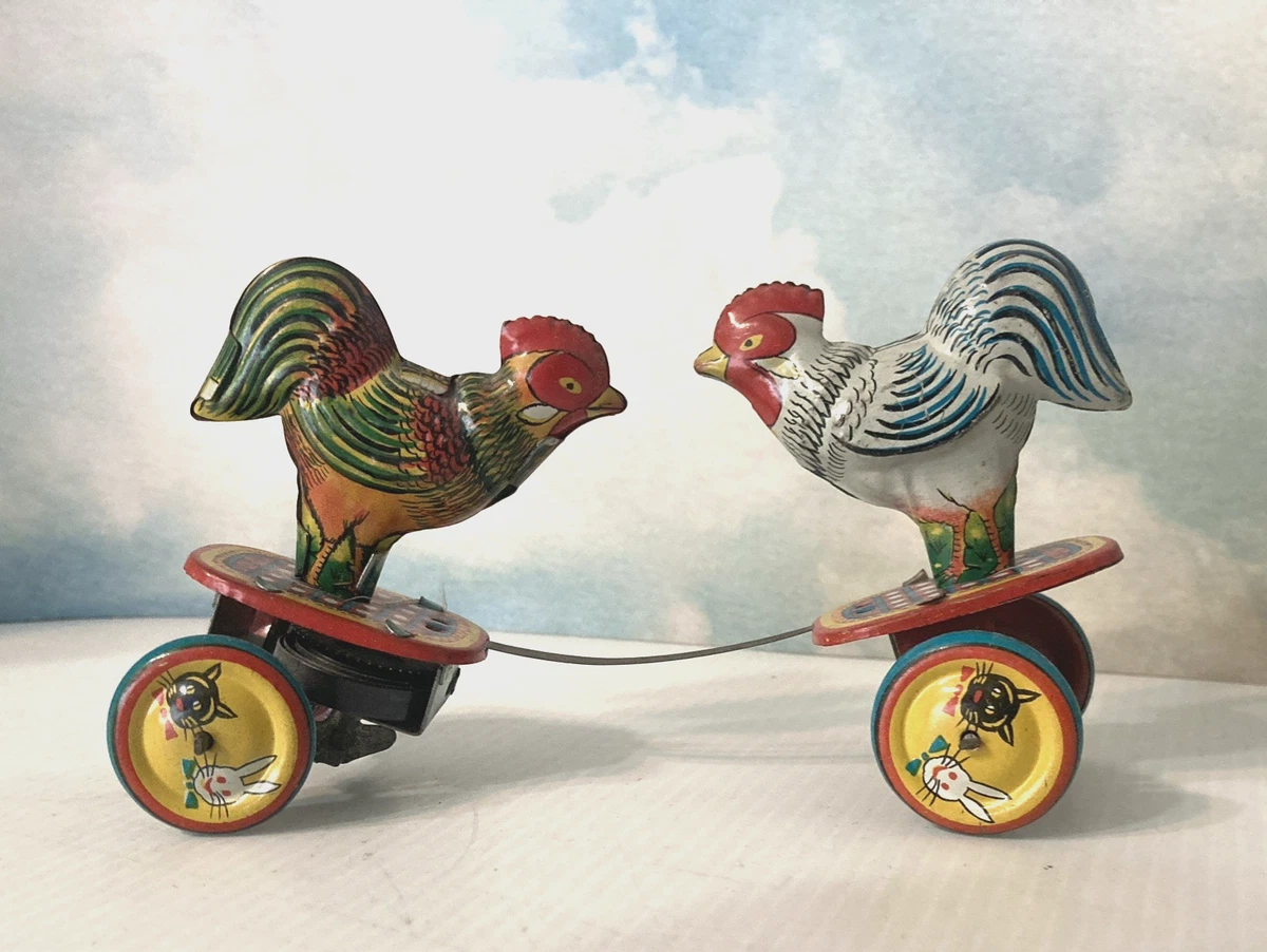 50sニワトリビンテージTOY ミッドセンチュリー　アンティーク雑貨　ビンテージ Vintage Tin Litho Fighting Cocks Chickens Roosters Windup Toy