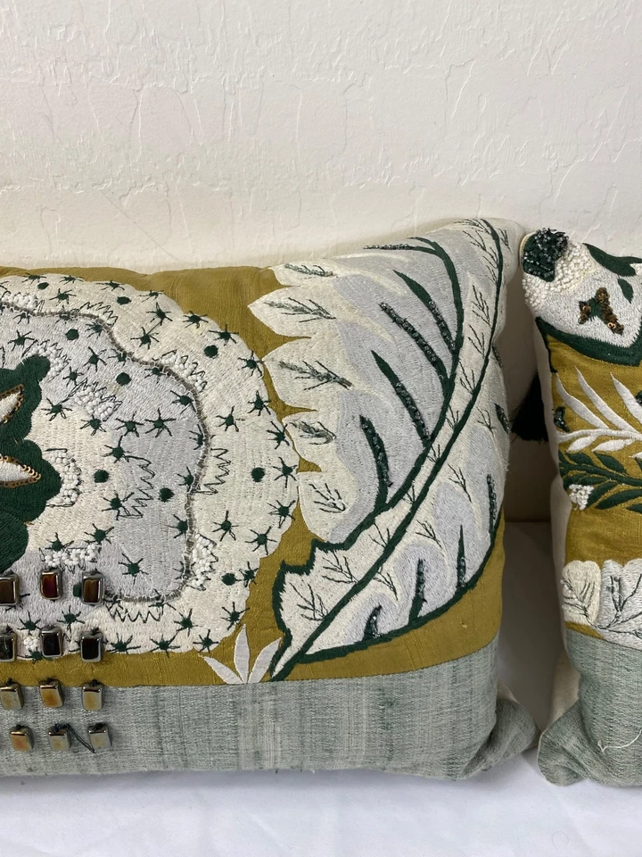 West Elm accent pillows with inserts beaded embroidered floral silk green ivory - Image 4 of 4