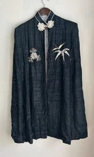 Vintage 1950s Made In Japan Embroidered Cape Silk Floral Bamboo Midcentury Bird 