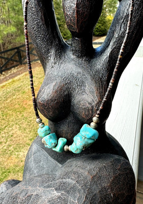 Southwestern Style Kingman Turquoise Nugget And Shell Choker Necklace 14  Long