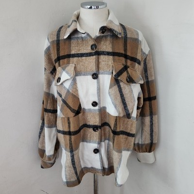 Windsor Plaid Shacket Tan White Black Button Up Shirt Jacket Women's S/M