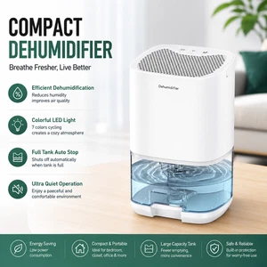 Mini Dehumidifier 1000ml Portable Quiet Moisture Absorber Night Light White