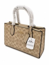 Coach Monogram Satchel Top Handle Bag Beige/Brown Zip Closure Gold Hardware