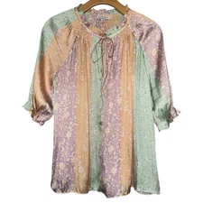 Anthropologie Current Air M Pink Pastel Floral Short Tiered Tie Neck Top Blouse