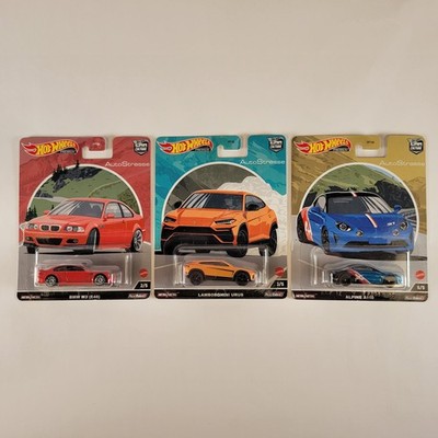 Hot Wheels Premium Car Culture AutoStrasse 3-Car Bundle-BMW M3 E46, Urus, Alpine