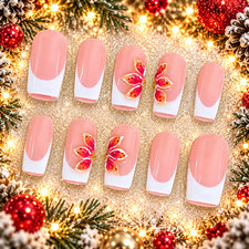 Pink White French Tip Press On Nails 3D Red Butterfly Floral Nail Art Set