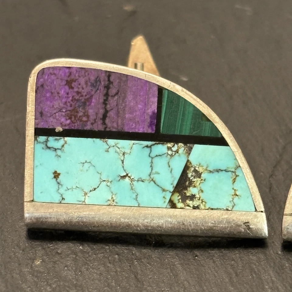 Jimmy Poyer Navajo Vintage Flush Inlay Cufflinks Sterling Silver Charoite B5 - Image 2 of 4
