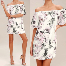 Lulus Dream of You Ivory Floral Print Off-the-Shoulder Shift Dress Silky M