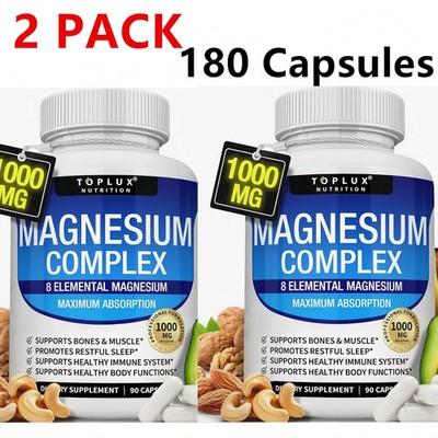 2Pack Magnesium complex supplement: 1000mg of 8-element magnesium, 180 capsules