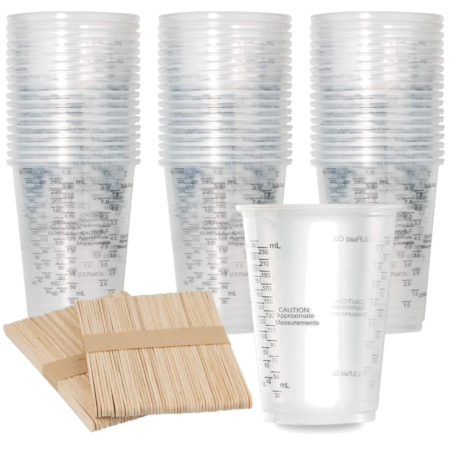 100pc 8oz Clear Plastic Measuring Cups + Wooden Stir Sticks