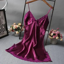 Women Silk Sleepwear Lace Camisola Nightgown Bowknots Patchwork Dress