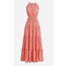 J Crew Women Side Cut Out Coral Tiered Cotton Preppy Maxi Dress Small