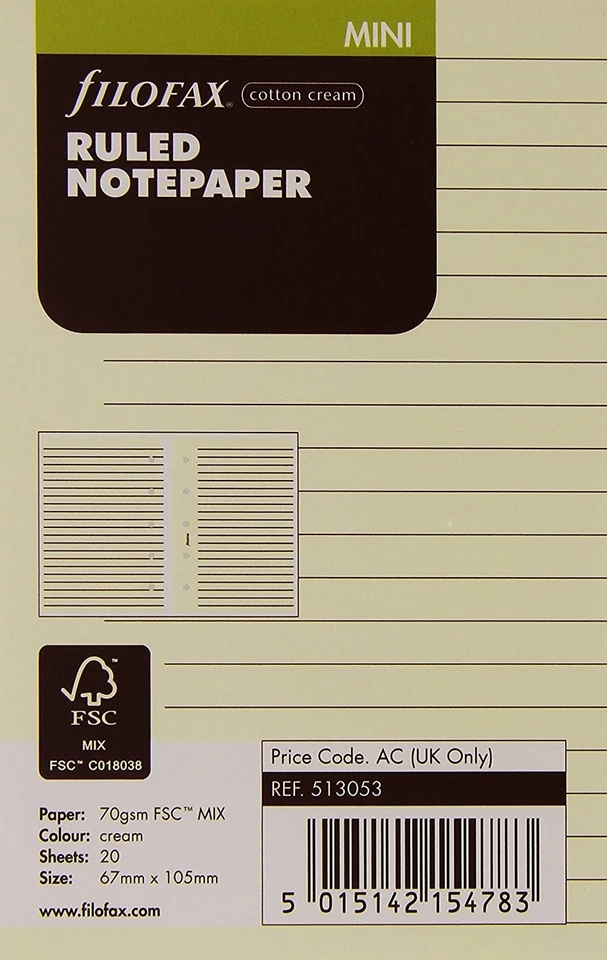 [513053] FILOFAX Recharge format Mini feuilles de notes lignées Crème