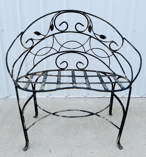 Vintage Wrought Iron Garden Settee Bench Black Weathered Finish Rusty Patina