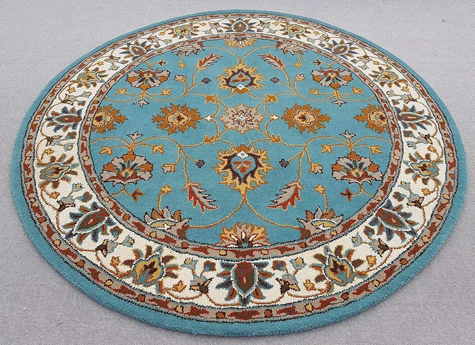  Rug Area Handmade Tufted Wool Hand Carpet Round Rugs Ivory Woolen Blue 100% - Image 4 of 4
