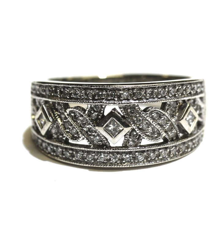 14k white gold .60ct round diamond halo bezel set band ring 7.4g cluster 9
