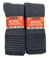 Burlington Men's Merino WOOL Crew Sock 6 Pairs Shoe Size 6-12 Blue & Black USA