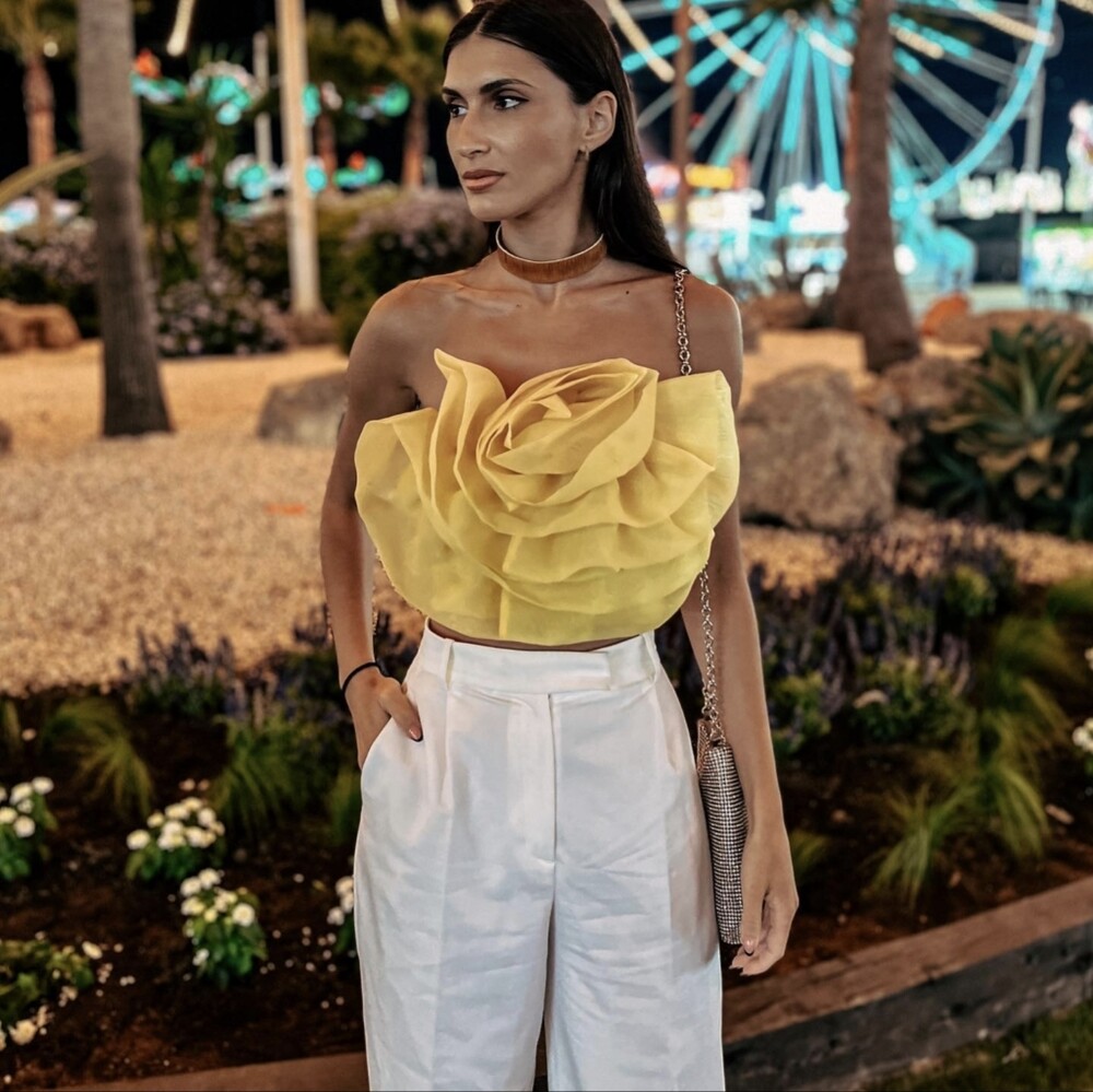 ZARA YELLOW ORGANZA KNIT CROPPED TOP LARGE FLOWER S NWT 0858/802 | eBay