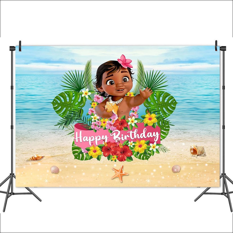 Décoration Fond Photo Baby Moana - Bannière Anniversaire Fleur Plage Personnalisable