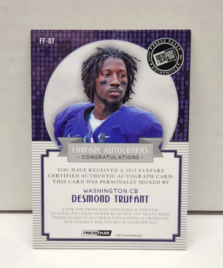 DESMOND TRUFANT 2013 Press Pass Fanfare AUTO ~ #'d /149 ~ Washington U ~ FALCONS - Image 3 of 3