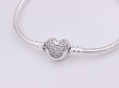 NWB 7.1'' PANDORA Disney Mickey Mouse Heart Clasp Bracelet #599299C01 - 18cm BOX