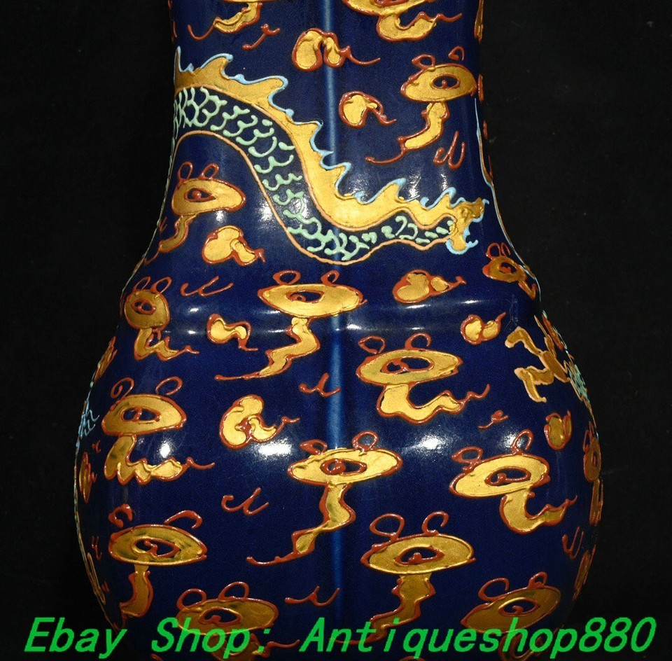 13.5"Song Dynasty official Kiln Blue Glaze Porcelain Gilt Dragon Bottle