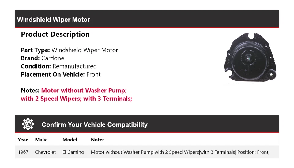 Para Chevrolet El Camino 1967 Limpiaparabrisas Motor Delantero Cardone Foto 2 de 4
