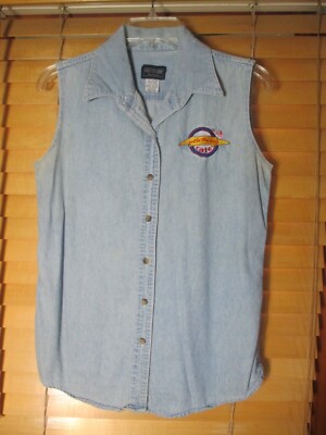 Outta The Way Cafe MD Women's M Denim Sleeveless Blue Jean Top Shirt Embroidered