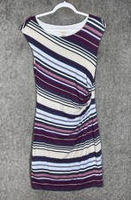 LOFT Striped Midi Dress Women Sz Medium Blue Pink Purple Ruched Lined Stretch