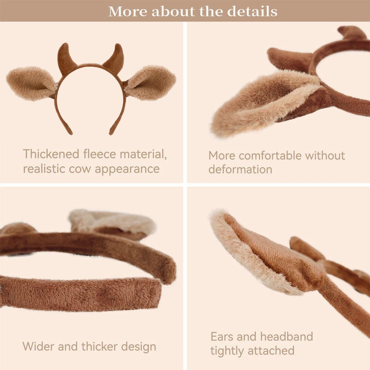 Brown Cow Ears Headband Realistic Horns Furry Fluffy Animal 