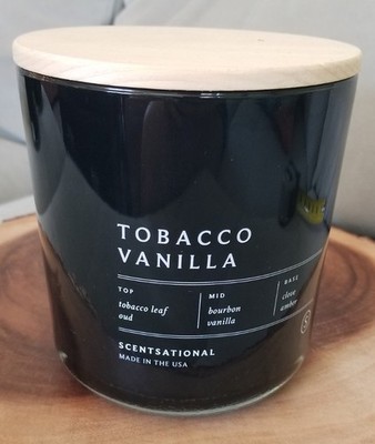 tobacco and vanilla candle scentsational Scentsational Tobacco & Vanilla Candle 26oz Triple Wick Black Glass Wooden  Lid