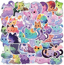 Cute Night Sky Cats Stickers for Kids Teens Adults, 50Pcs Cool Rainbow Starry Sk