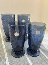 4 Vintage Princess House Fantasia Sapphire Blue 20 Oz Footed Tumbler Glass Lot