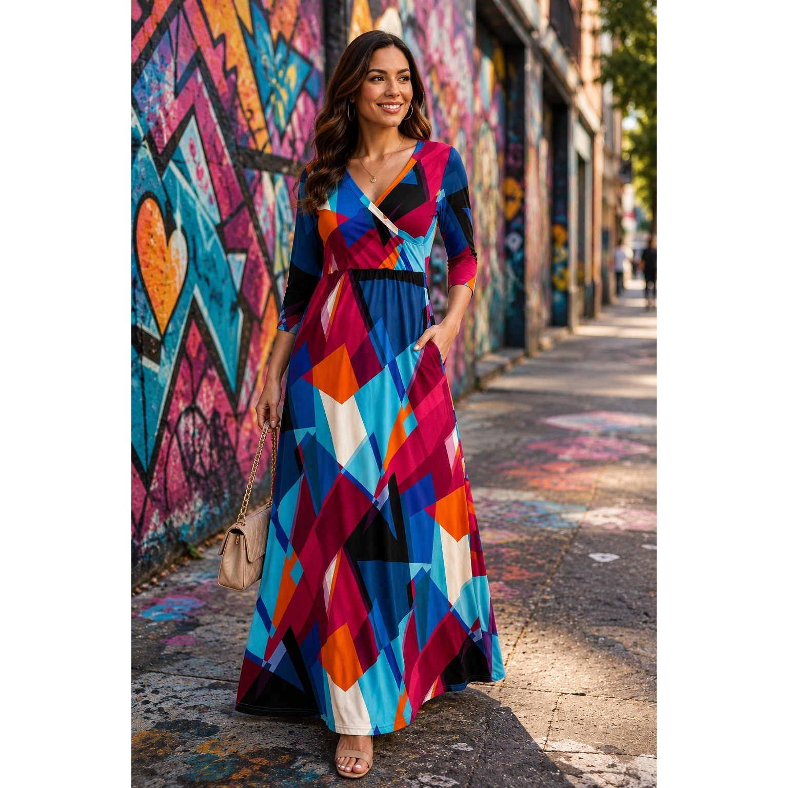 Geometric Abstract Print Maxi Dress Womens Large V-Neck 3/4 Sleeve Multi-Color