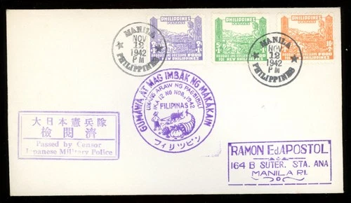 1942 Philippines Scott #NB1-3 Semi-Postal Set Japanes Occupation on FDC