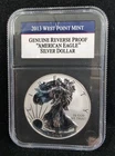 2013 W AMERICAN EAGLE SILVER REVERSE PROOF COIN .999 Fine Silver Unc 7267