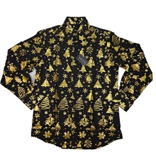 Barry Wang Long Sleeve Christmas Shirt Small Black with Gold Print 20% Silk