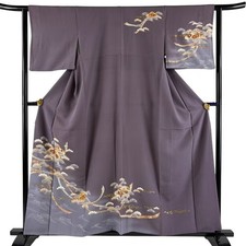 Japanese Silk Houmongi Kimono S 158.5cm Purple Pine tree with umbrella-like 3720