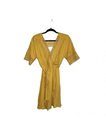 Altar'd State Crochet Wrap Mini Dress Solid Yellow Belted V-neck Small Women's