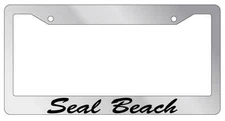 Chrome METAL License Plate Frame Seal Beach Cursive Auto Accessory 2669
