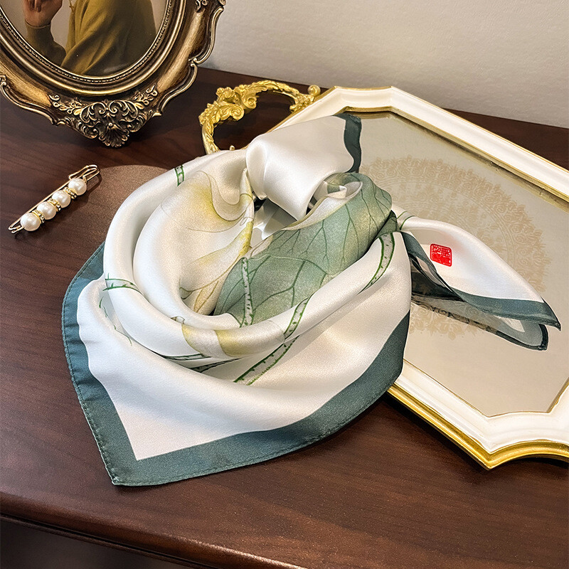 100% Mulberry Silk Scarf for Women - Square Headband Necktie Hair Accessory 53cm Print Design