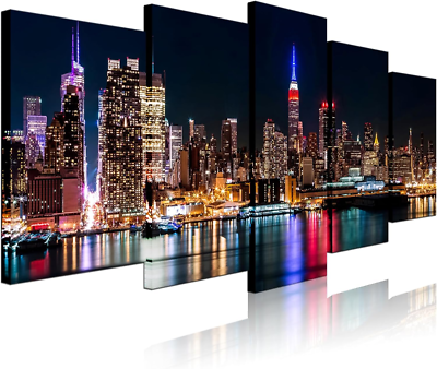 Manhattan Skyline Night Canvas Art - Modern Wall Decor for Home