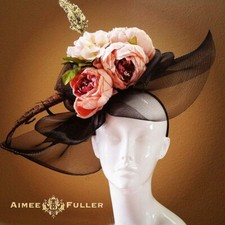Aimee Fuller Kentucky Derby Hat Black Green Pink Mauve Flower Bridal Fascinator
