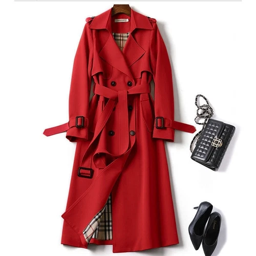 Women's Double Breasted Long Trench Coat Windproof Classic Lapel Belted Overcoat - Picture 17 of 25