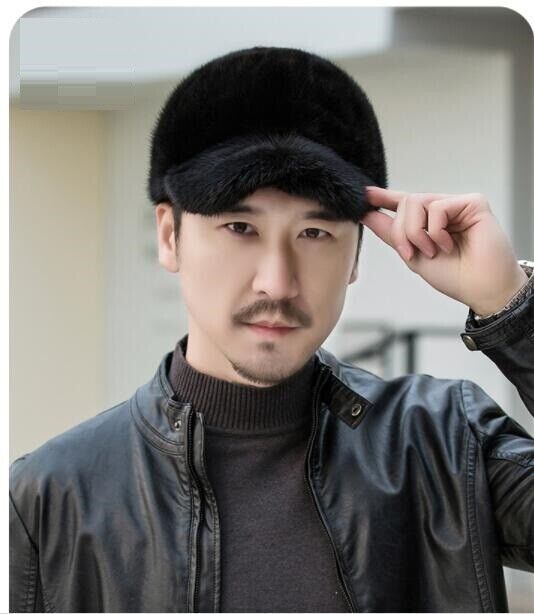 Men's Real Mink Fur Hat Winter Warm Peaked Cap Headwear Baseball