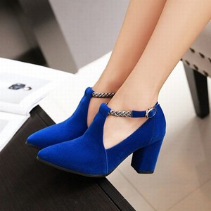 Glam Ladies Pointy Toe Block Heels Solid Knitting Buckle Strap Faux Suede Shoes