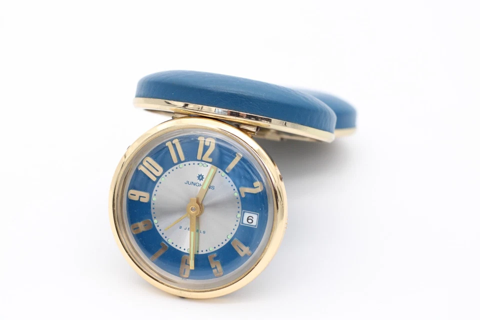 Vintage Junghans 2 JEWELS Reiseuhr Reisewecker blau rund Uhr Messing Ø 7,5 cm - Bild 2 von 4
