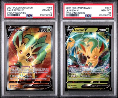 leafeon v pokemon card value 2021 LEAFEON V #166 & #007 SWSH EVOLVING SKIES POKEMON PSA 10 2 CARD  SEQUENT SET