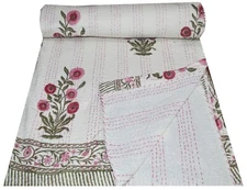Indian Handmade Quilt Kantha Cotton Hand Block Floral Print Bedspread Blanket